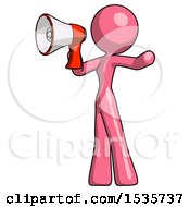 Pink Design Mascot Woman Shouting Into Megaphone Bullhorn Facing Left