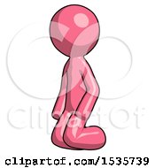 Pink Design Mascot Man Kneeling Angle View Left