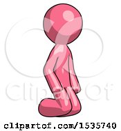 Pink Design Mascot Man Kneeling Angle View Right