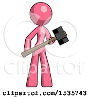 Poster, Art Print Of Pink Design Mascot Woman With Sledgehammer Standing Ready To Work Or Defend