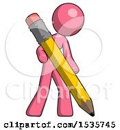Pink Design Mascot Woman Drawing With Large Pencil