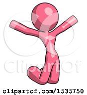 Poster, Art Print Of Pink Design Mascot Woman Jumping Or Kneeling With Gladness