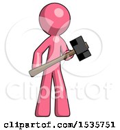 Pink Design Mascot Man With Sledgehammer Standing Ready To Work Or Defend
