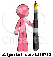 Pink Design Mascot Man Holding Giant Calligraphy Pen
