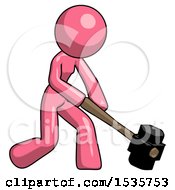 Poster, Art Print Of Pink Design Mascot Woman Hitting With Sledgehammer Or Smashing Something At Angle