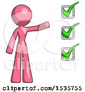 Poster, Art Print Of Pink Design Mascot Woman Standing By A Checkmark List Arm Extended