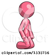 Pink Design Mascot Woman Kneeling Angle View Right