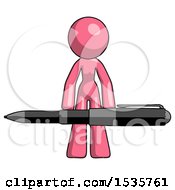 Pink Design Mascot Woman Lifting A Giant Pen Like Weights
