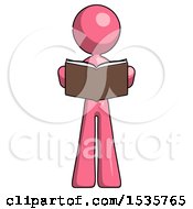 Poster, Art Print Of Pink Design Mascot Woman Reading Book While Standing Up Facing Viewer