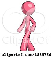 Pink Design Mascot Woman Man Walking Turned Left Front View