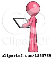 Poster, Art Print Of Pink Design Mascot Man Looking At Tablet Device Computer With Back To Viewer