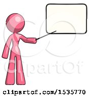 Pink Design Mascot Woman Pointing At Dry-Erase Board With Stick Giving Presentation