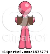 Pink Design Mascot Man Reading Book While Standing Up Facing Viewer
