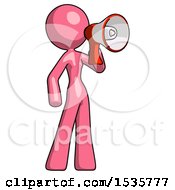 Pink Design Mascot Woman Shouting Into Megaphone Bullhorn Facing Right
