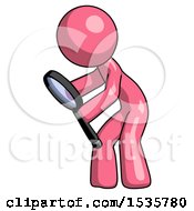 Poster, Art Print Of Pink Design Mascot Man Inspecting With Large Magnifying Glass Left