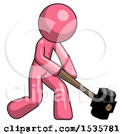Poster, Art Print Of Pink Design Mascot Man Hitting With Sledgehammer Or Smashing Something At Angle