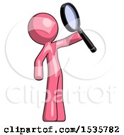 Pink Design Mascot Man Inspecting With Large Magnifying Glass Facing Up