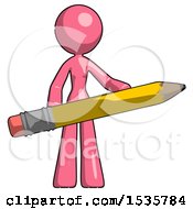 Poster, Art Print Of Pink Design Mascot Woman Office Worker Or Writer Holding A Giant Pencil