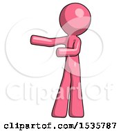 Poster, Art Print Of Pink Design Mascot Man Presenting Something To His Right