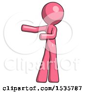 Pink Design Mascot Man Presenting Something To His Right