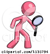 Poster, Art Print Of Pink Design Mascot Woman Inspecting With Large Magnifying Glass Right