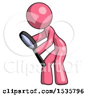 Poster, Art Print Of Pink Design Mascot Woman Inspecting With Large Magnifying Glass Left