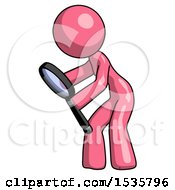 Pink Design Mascot Woman Inspecting With Large Magnifying Glass Left