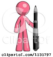 Pink Design Mascot Man Holding Large Pen