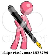 Pink Design Mascot Woman Drawing Or Writing With Large Calligraphy Pen