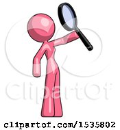 Poster, Art Print Of Pink Design Mascot Woman Inspecting With Large Magnifying Glass Facing Up