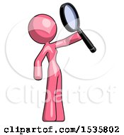 Pink Design Mascot Woman Inspecting With Large Magnifying Glass Facing Up