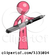 Pink Design Mascot Woman Posing Confidently With Giant Pen