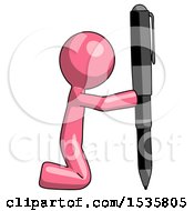 Pink Design Mascot Man Posing With Giant Pen In Powerful Yet Awkward Manner