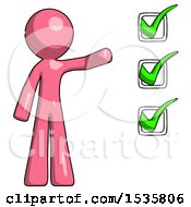 Pink Design Mascot Man Standing By List Of Checkmarks