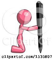 Pink Design Mascot Woman Posing With Giant Pen In Powerful Yet Awkward Manner Because Funny