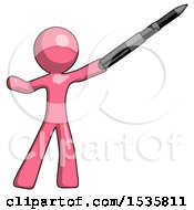 Pink Design Mascot Man Demonstrating That Indeed The Pen Is Mightier