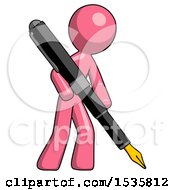 Pink Design Mascot Man Drawing Or Writing With Large Calligraphy Pen