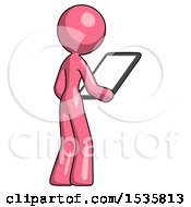 Poster, Art Print Of Pink Design Mascot Woman Looking At Tablet Device Computer Facing Away