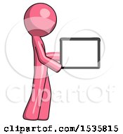 Poster, Art Print Of Pink Design Mascot Man Show Tablet Device Computer To Viewer Blank Area