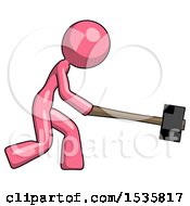 Pink Design Mascot Woman Hitting With Sledgehammer Or Smashing Something