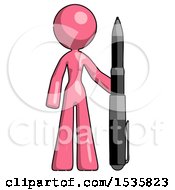 Pink Design Mascot Woman Holding Large Pen
