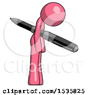 Pink Design Mascot Woman Impaled Through Chest With Giant Pen