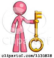 Pink Design Mascot Woman Holding Key Made Of Gold