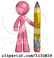 Pink Design Mascot Woman With Large Pencil Standing Ready To Write