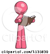 Pink Design Mascot Man Reading Book While Standing Up Facing Away
