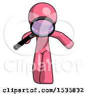 Pink Design Mascot Man Looking Down Through Magnifying Glass