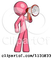 Pink Design Mascot Man Shouting Into Megaphone Bullhorn Facing Right