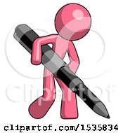 Pink Design Mascot Man Writing With A Really Big Pen