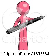 Pink Design Mascot Man Posing Confidently With Giant Pen