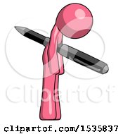 Pink Design Mascot Man Impaled Through Chest With Giant Pen